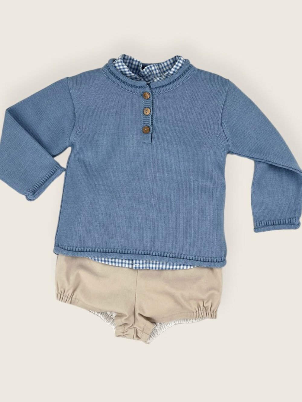 Baby Boys Blue Outfit - Sweater, Blue Gingham Shirt and Khaki Shorts, 6M to 18M